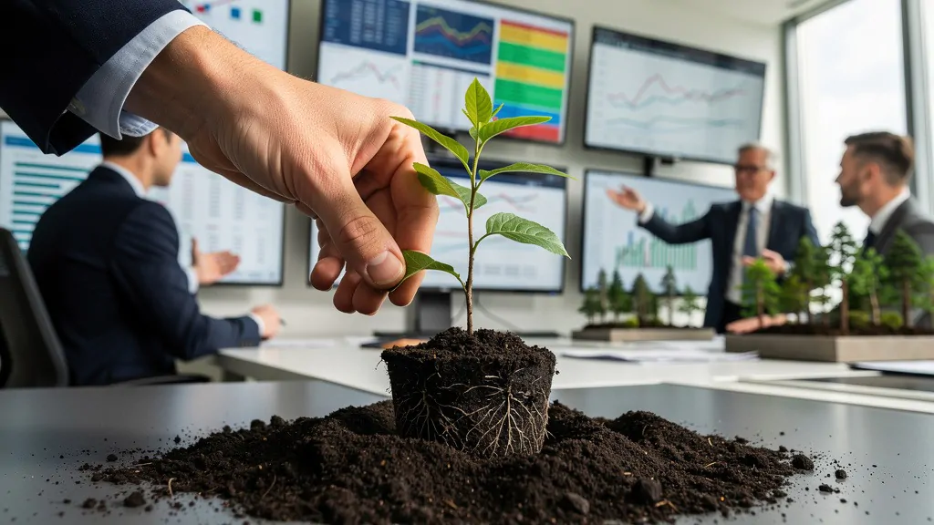 Händer som varsamt planterar en liten trädplanta i mörk jord, med en ung, varierad skog i bakgrunden.